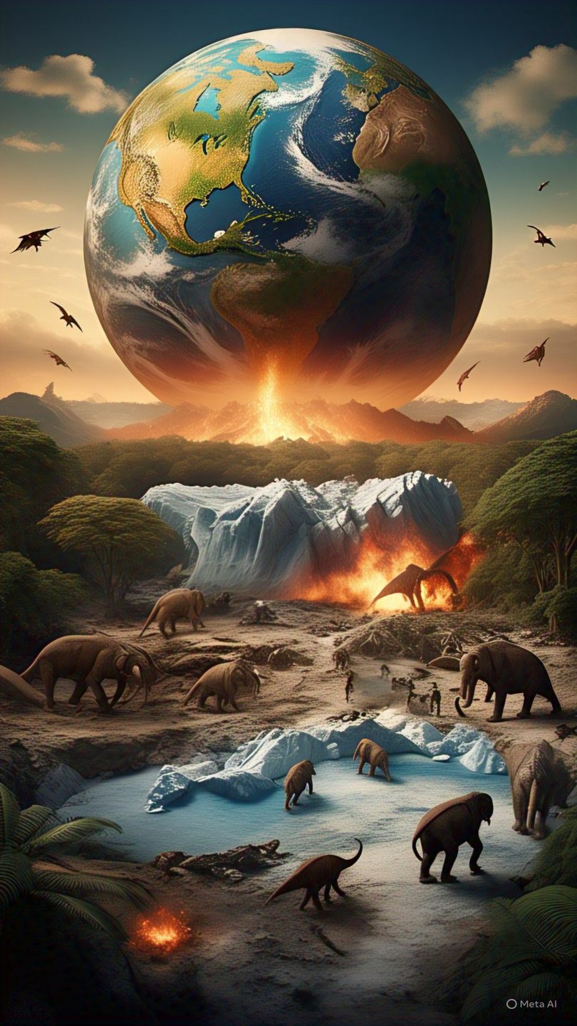 "Dramatic illustration of Earth’s evolutionary journey: On the left, the supercontinent Pangaea under a tropical sky with dinosaurs roaming freely; in the center, a fiery asteroid crashing into the Earth, causing chaos and shockwaves; on the right, a frozen landscape with glaciers, woolly mammoths, and early humans walking under a cold blue sky — symbolizing Earth's transformation from unity to extinction to rebirth."