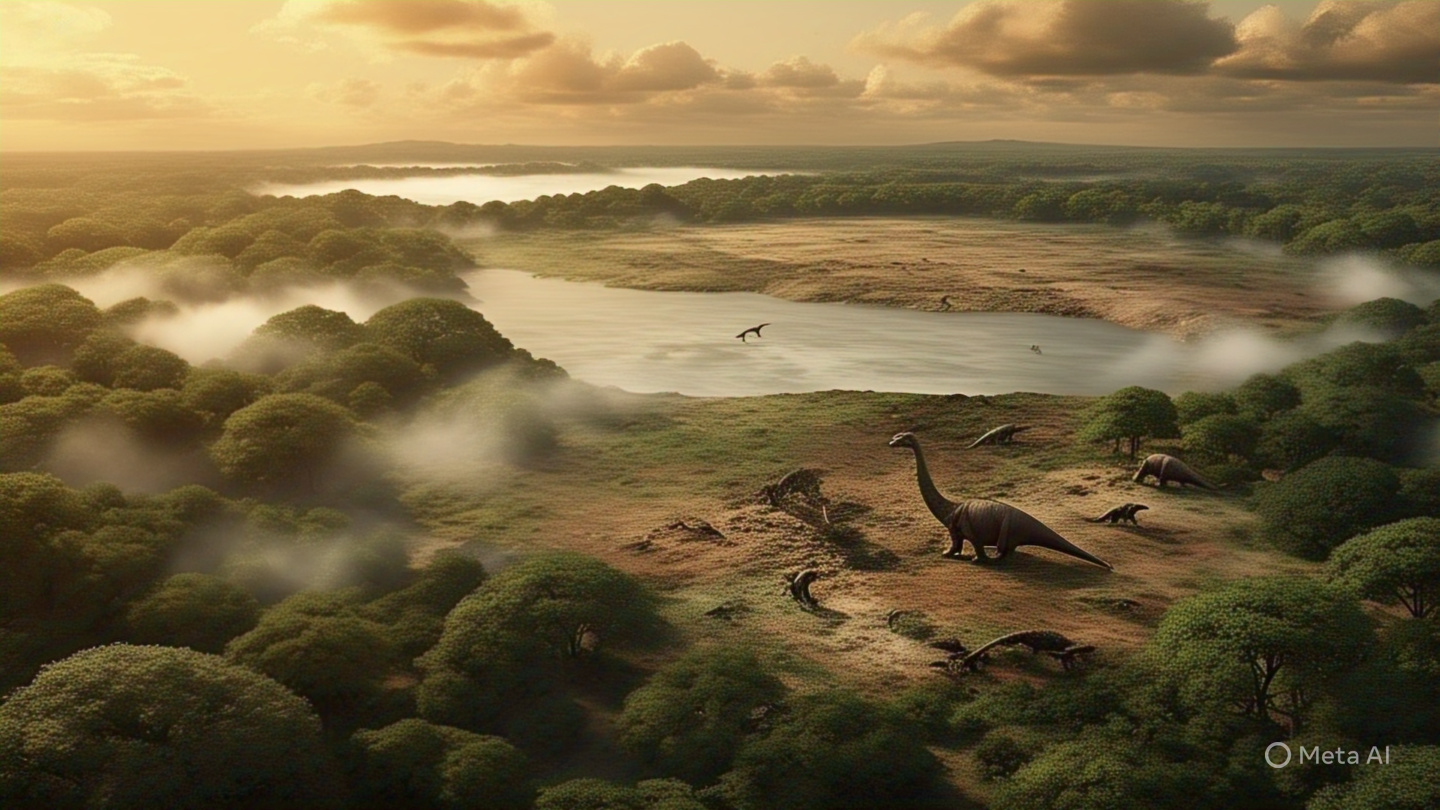 "Illustration of prehistoric Earth during the Pangaea era, showing one massive supercontinent covered in lush tropical forests with dinosaurs peacefully roaming under a golden sky — symbolizing Earth’s unified climate and ecosystem before continental drift and the asteroid impact."