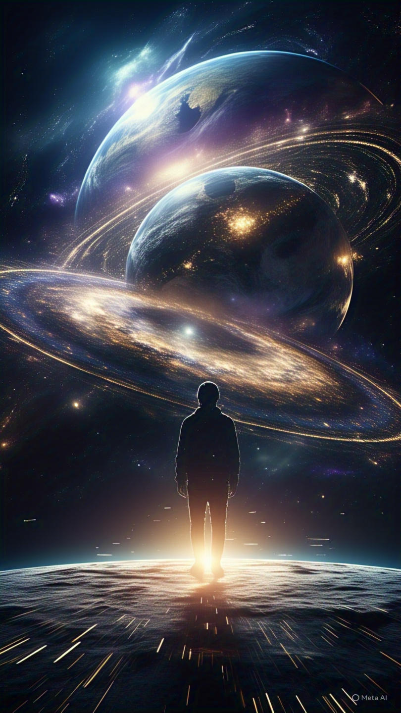 A cosmic illustration of a human figure standing on Earth, looking into a deep space scene showing Earth's rotation, orbit around the Sun, the solar system’s motion through the galaxy, and galaxies moving toward a massive gravitational center. A glowing photon-shaped train rides a starry track, with visual metaphors like download bars and binary code subtly woven into the fabric of space-time. The color palette includes deep blues, purples, and radiant whites, evoking a sense of wonder and motion.